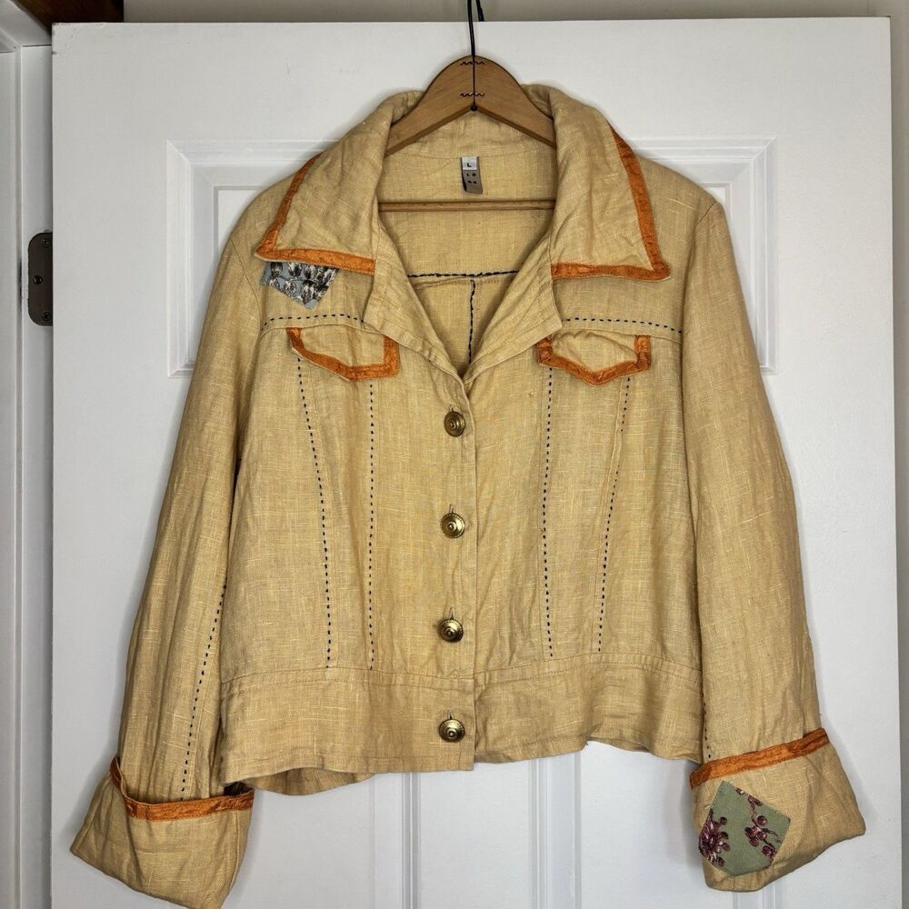 LOOK 100% Linen Marigold Cropped Jacket With Patches And Hand Stitching Size L